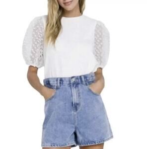 La Ven Women's Off White Short Sleeve Knit Pom Pom Puff Sleeve Top Size M NWT